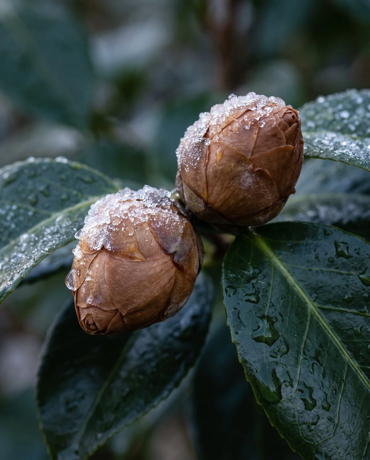Camellia buds browned evenly all over after a hard freeze, still plump and closed on a frosted shrub