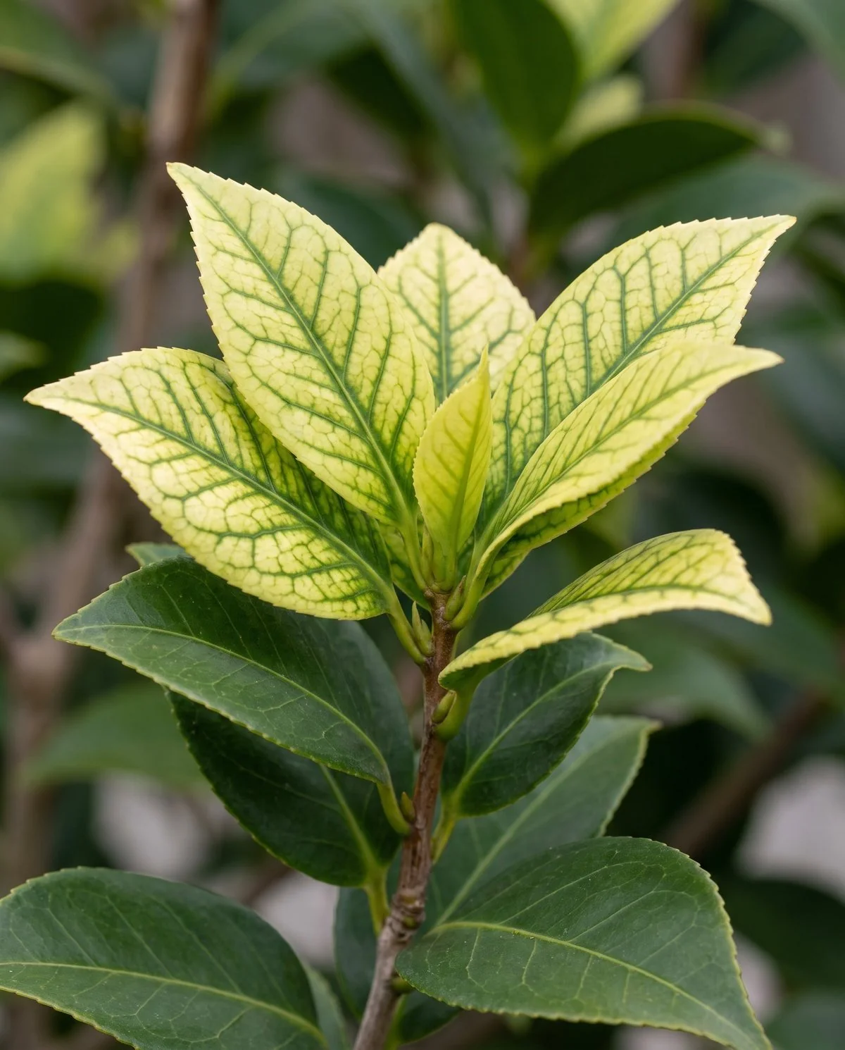 Camellia new growth showing pale yellow leaf tissue between distinctly green veins