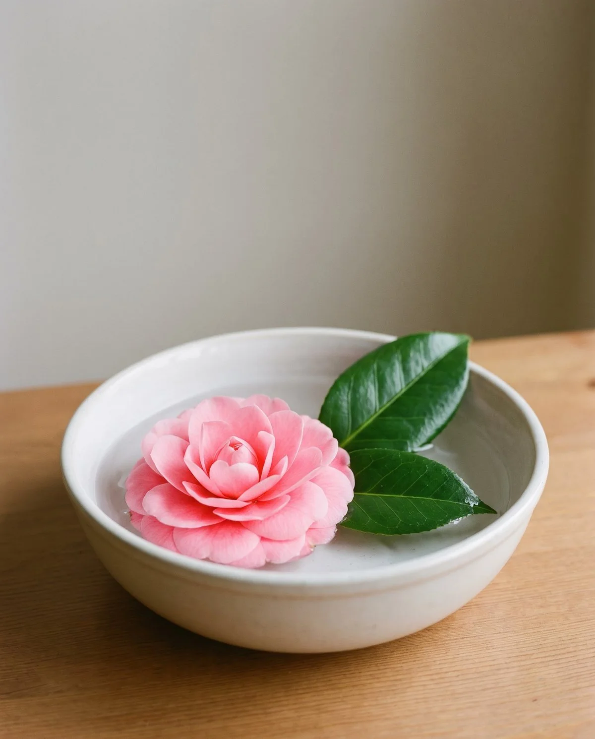 A single camellia bloom cut without a stem and floated face-up in a shallow bowl of water