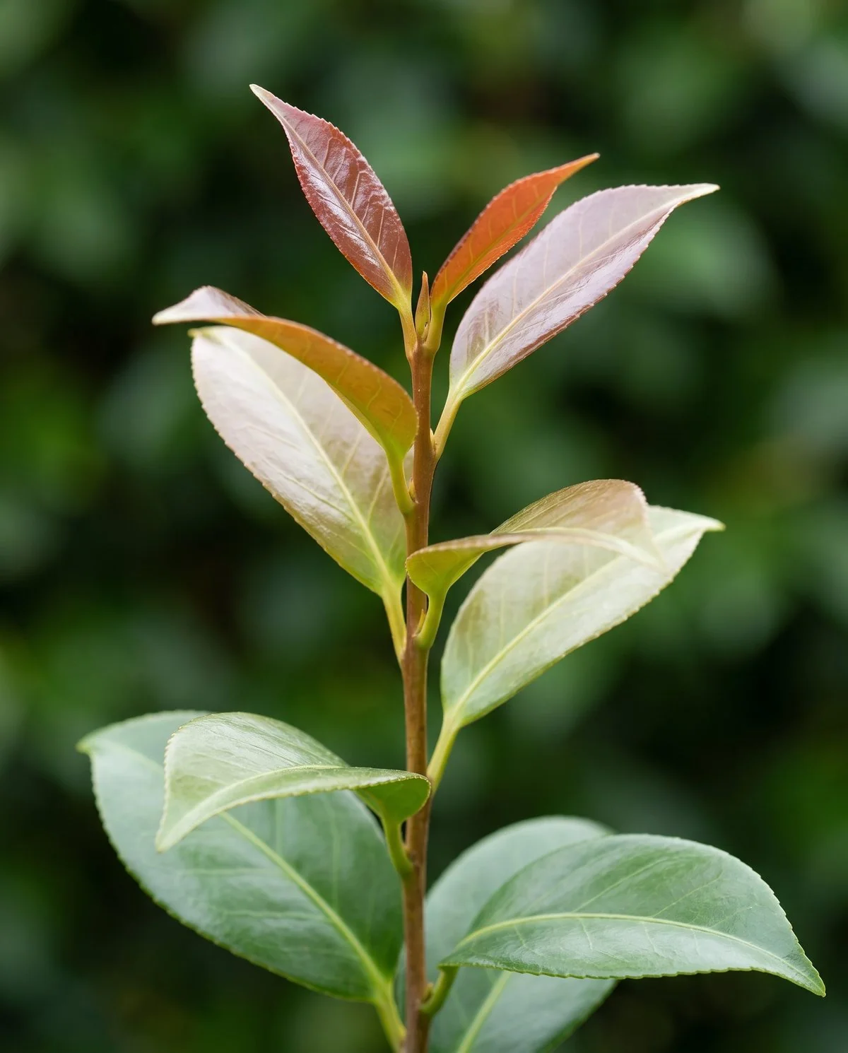 A camellia's new spring growth in bronze-red, the young leaves thin and flat as they harden toward green