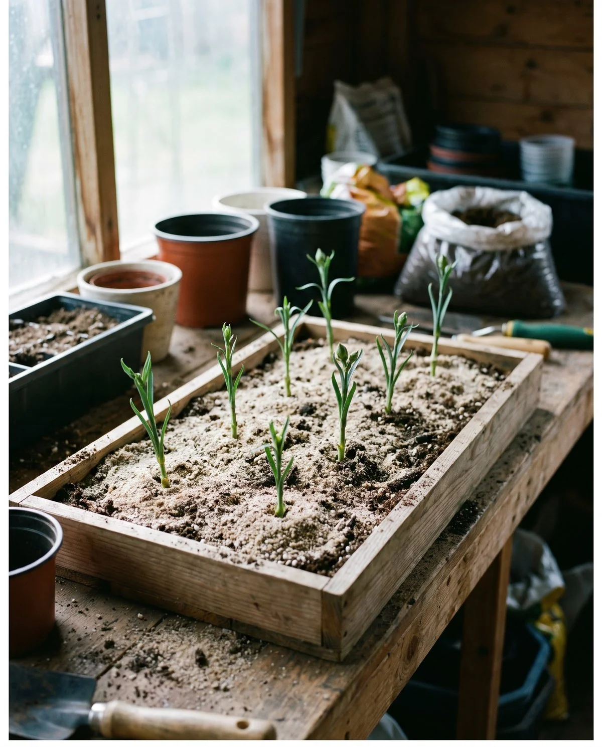Non-flowering carnation shoots set as cuttings in a tray of gritty sand and peat mix