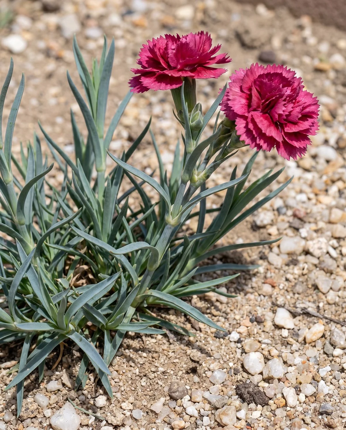 A carnation plant growing in lean gritty soil, blue-grey foliage and swollen stem nodes clearly visible