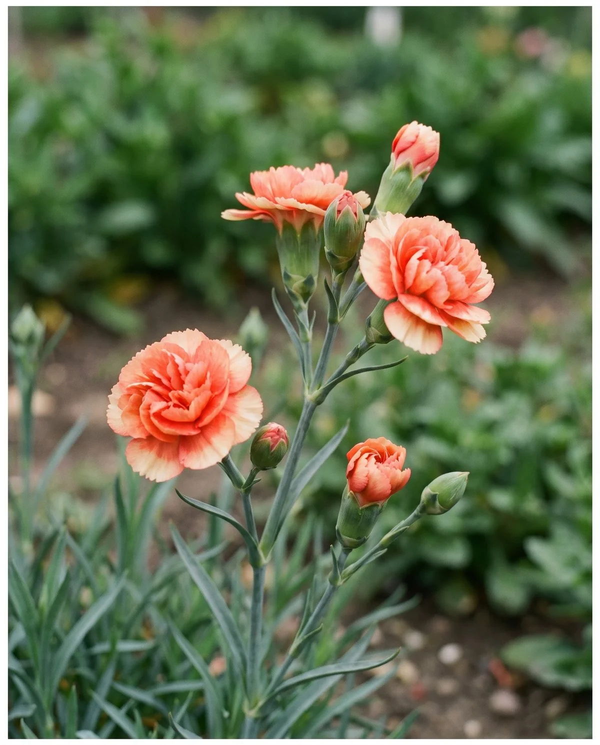 A branching spray carnation stem carrying several small blooms about an inch across, some open and some still budded