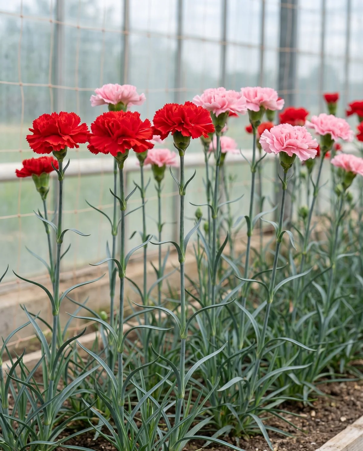 Tall standard carnations with one large ruffled bloom on each strong upright stem in a growing bed