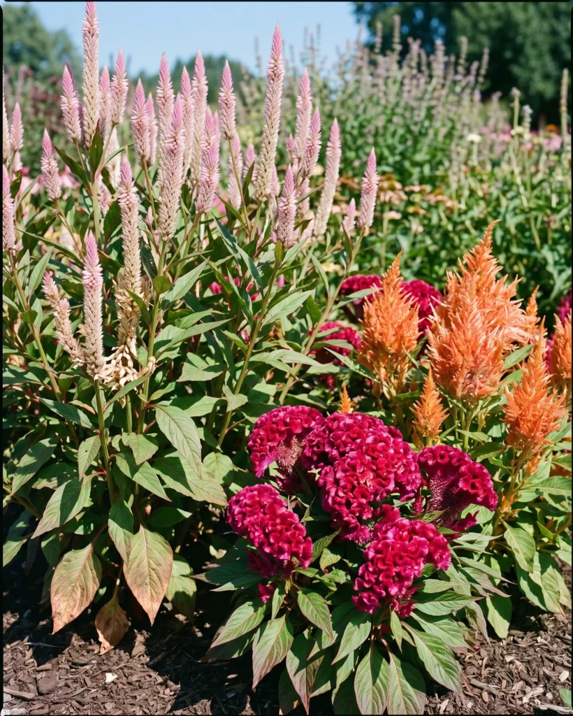 Three types of celosia growing together in a garden border
