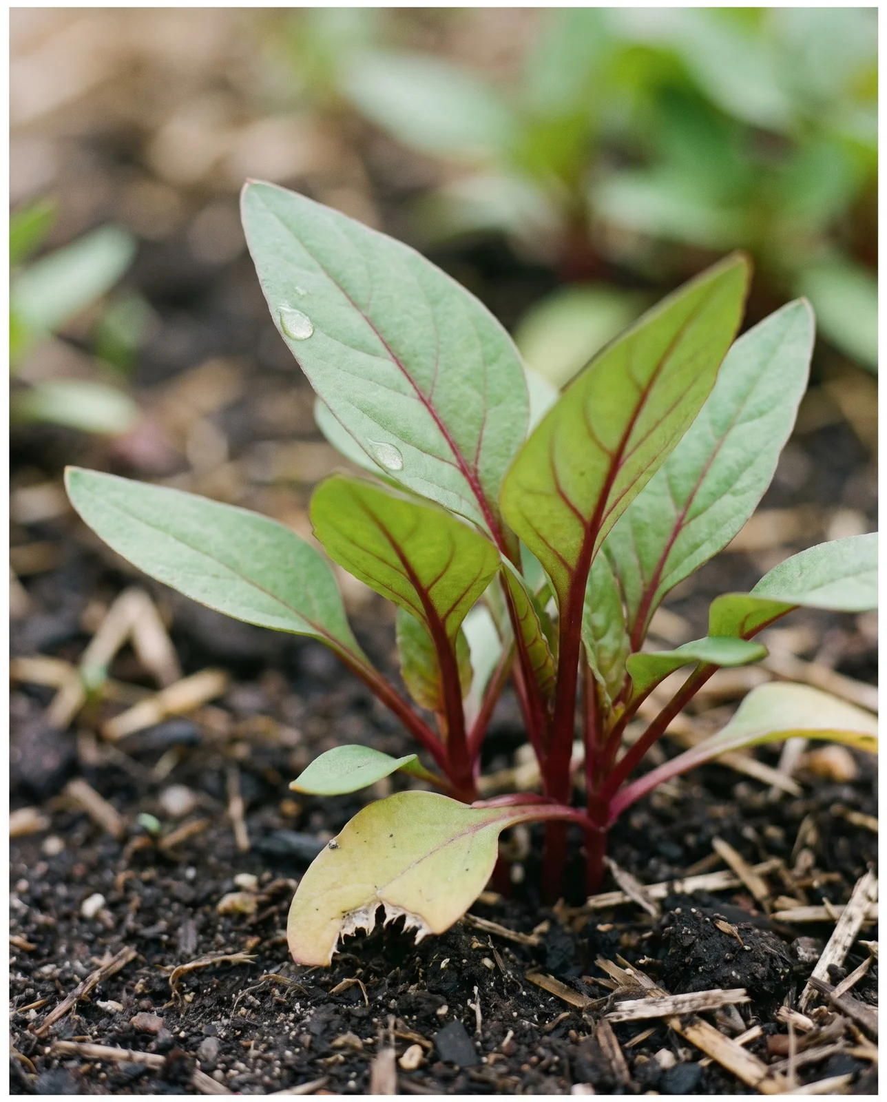 Young edible Celosia argentea seedlings with green and red leaves