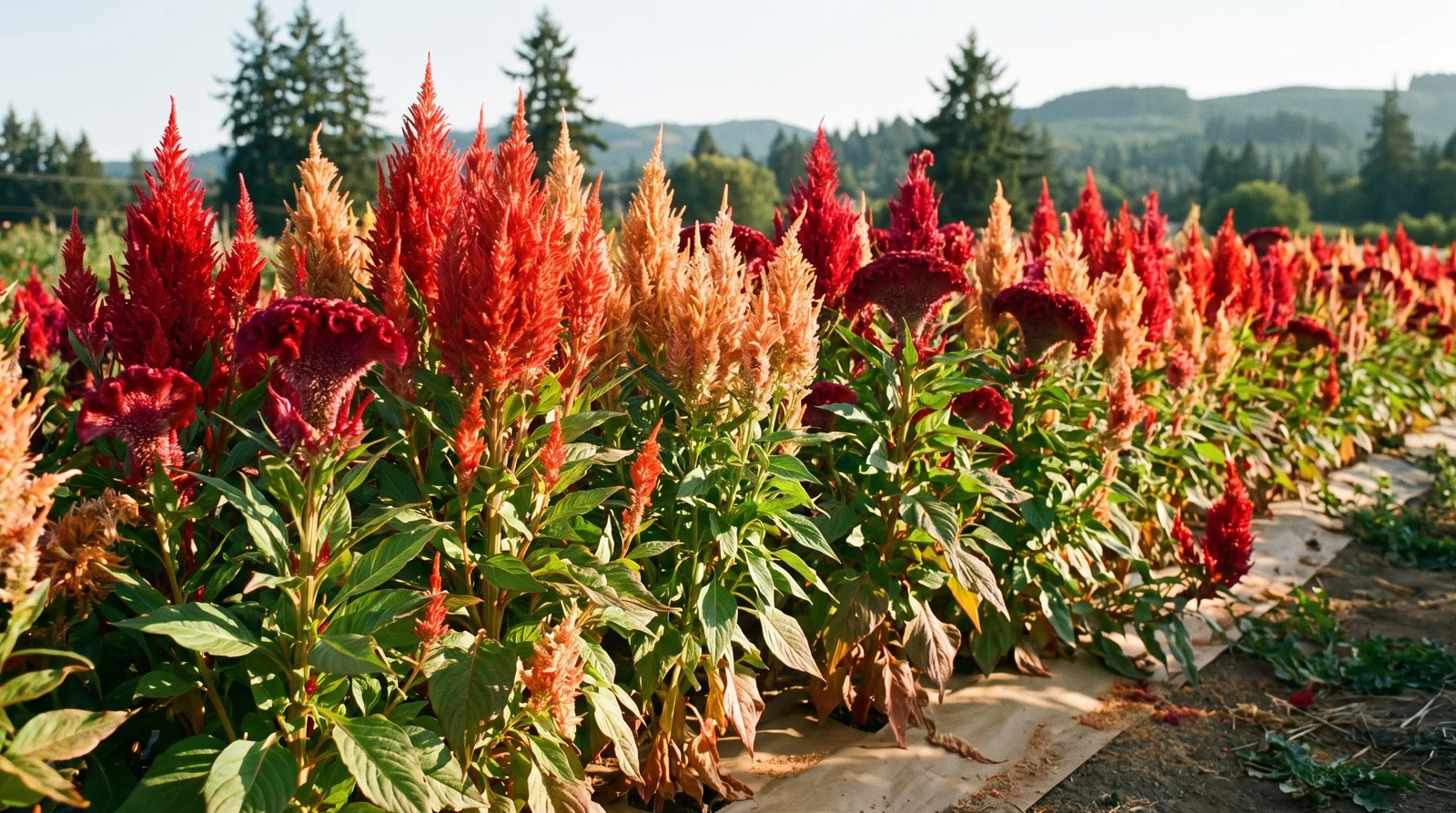 Commercial flower farm row of blooming celosia in afternoon light