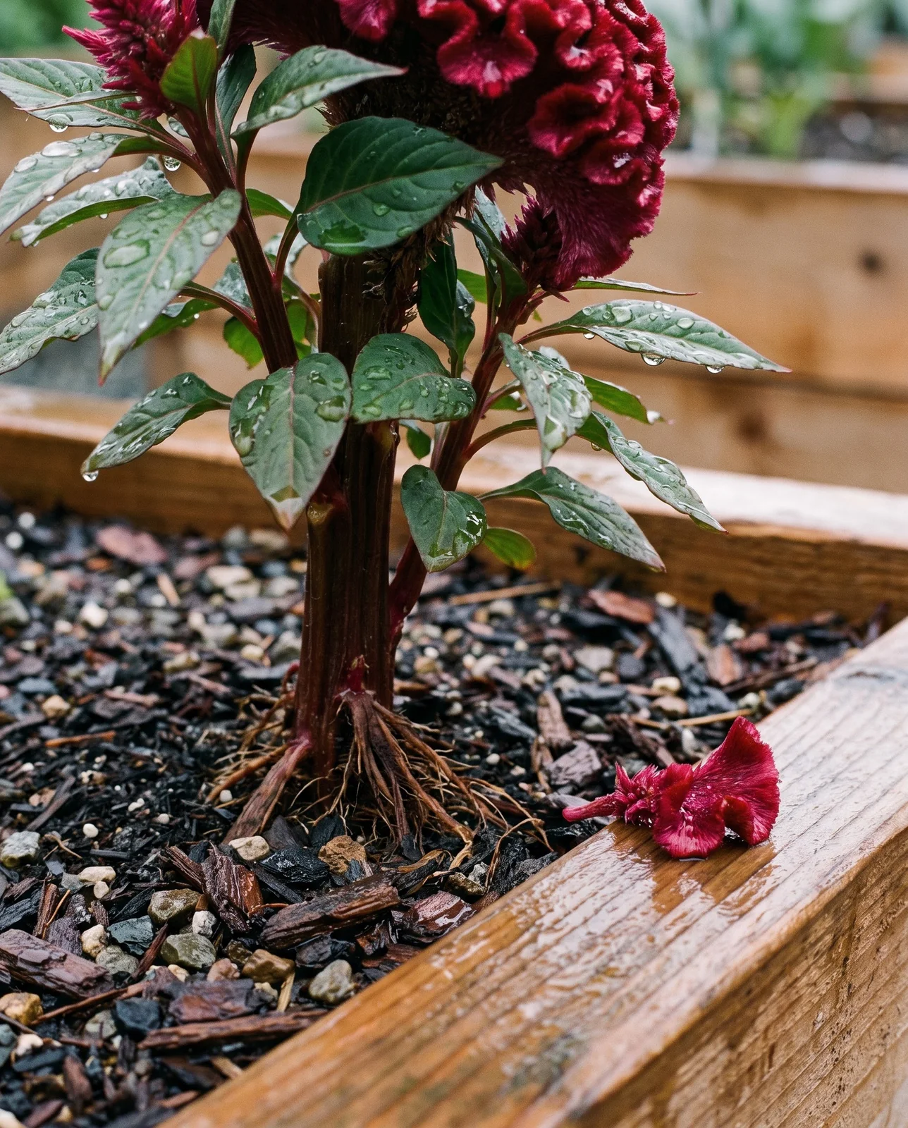 Draining soil and water droplets around the base of celosia