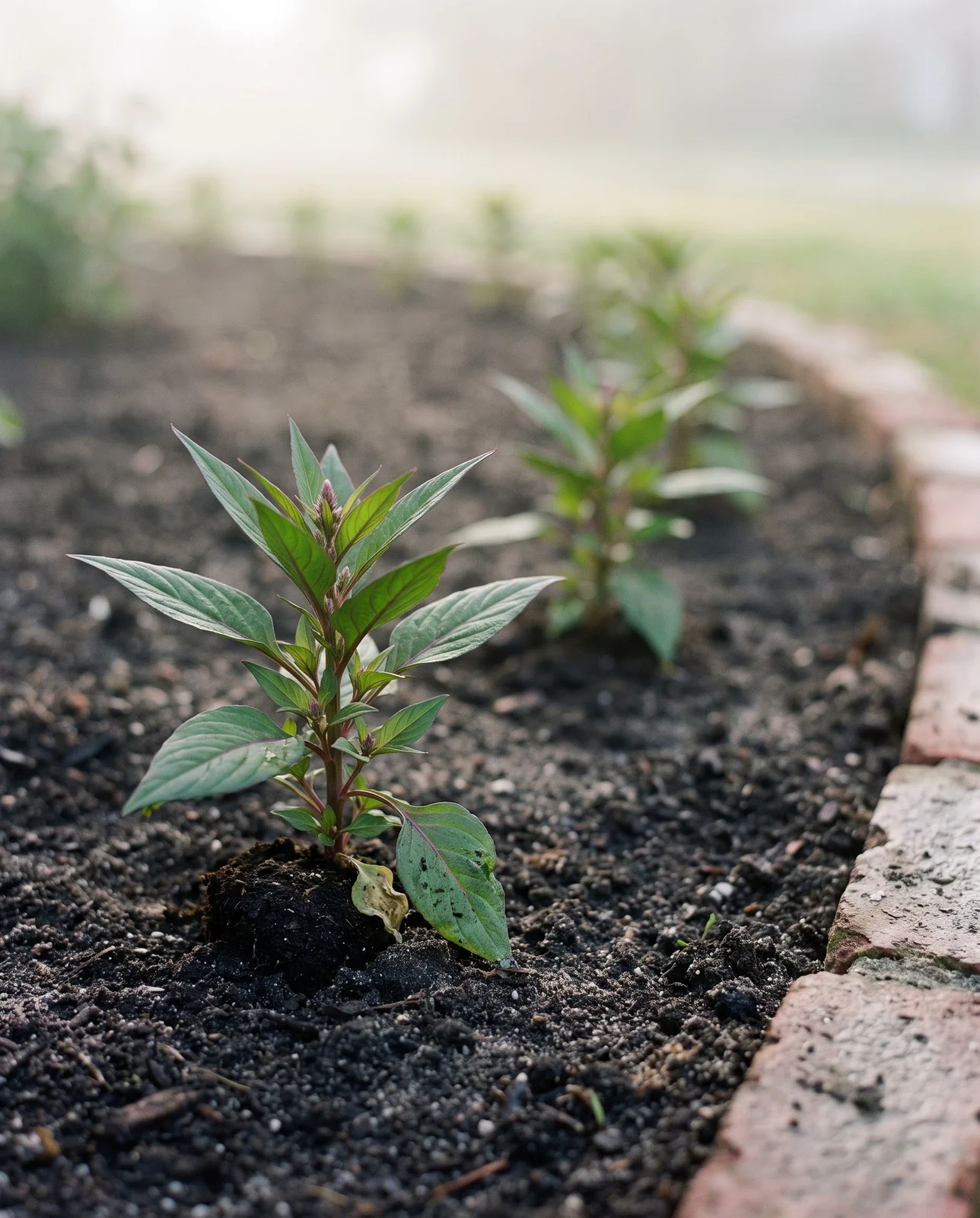 Young celosia transplants set in freshly prepared garden soil