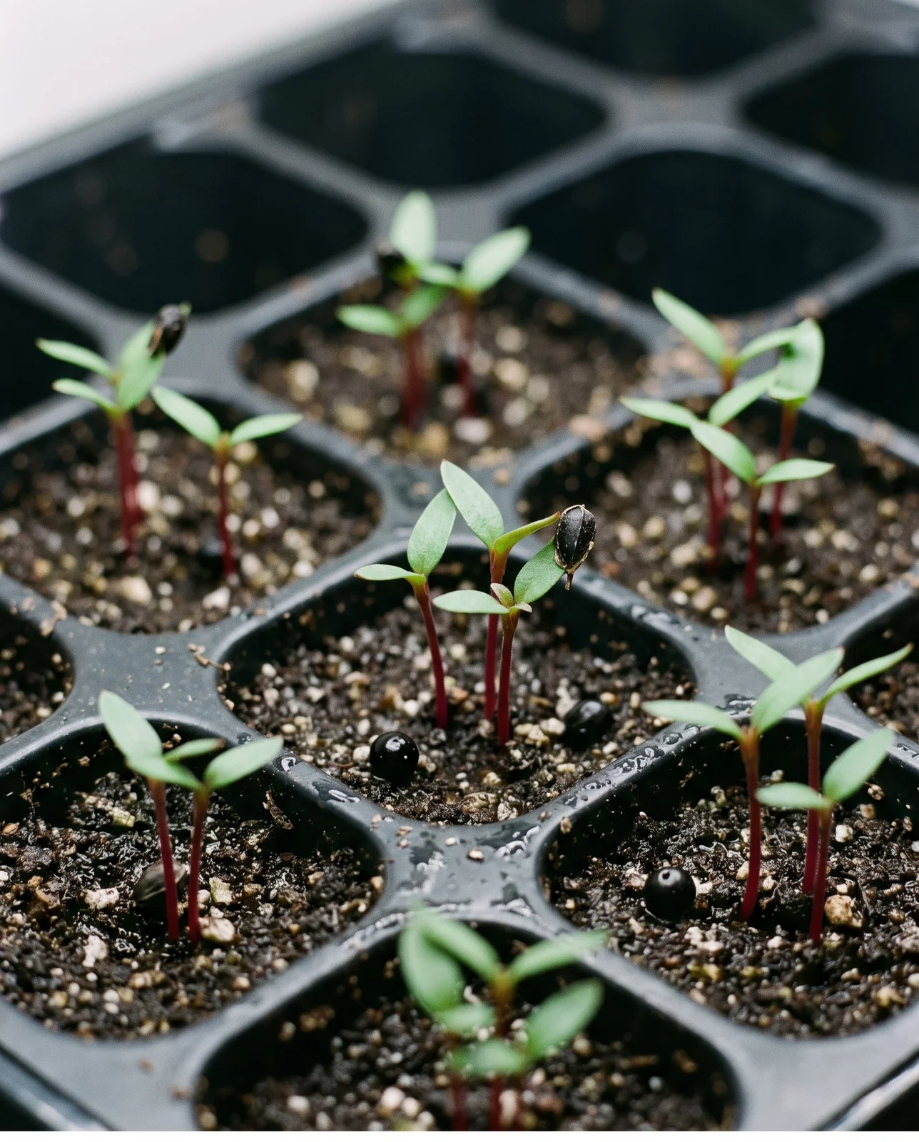 Emerging celosia seedlings in an indoor seed-starting cell tray