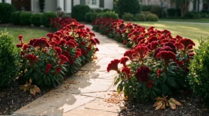 Mass planting of red crested celosia along a stone path
