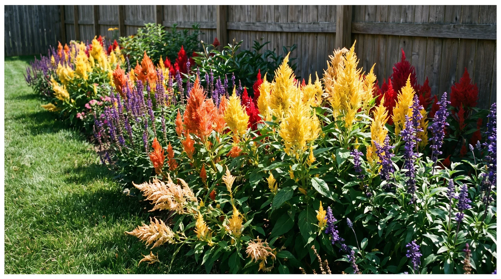 Mixed border mass planting of yellow, orange, and red celosia