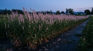 Row of tall spicata celosia stems at dusk on farm