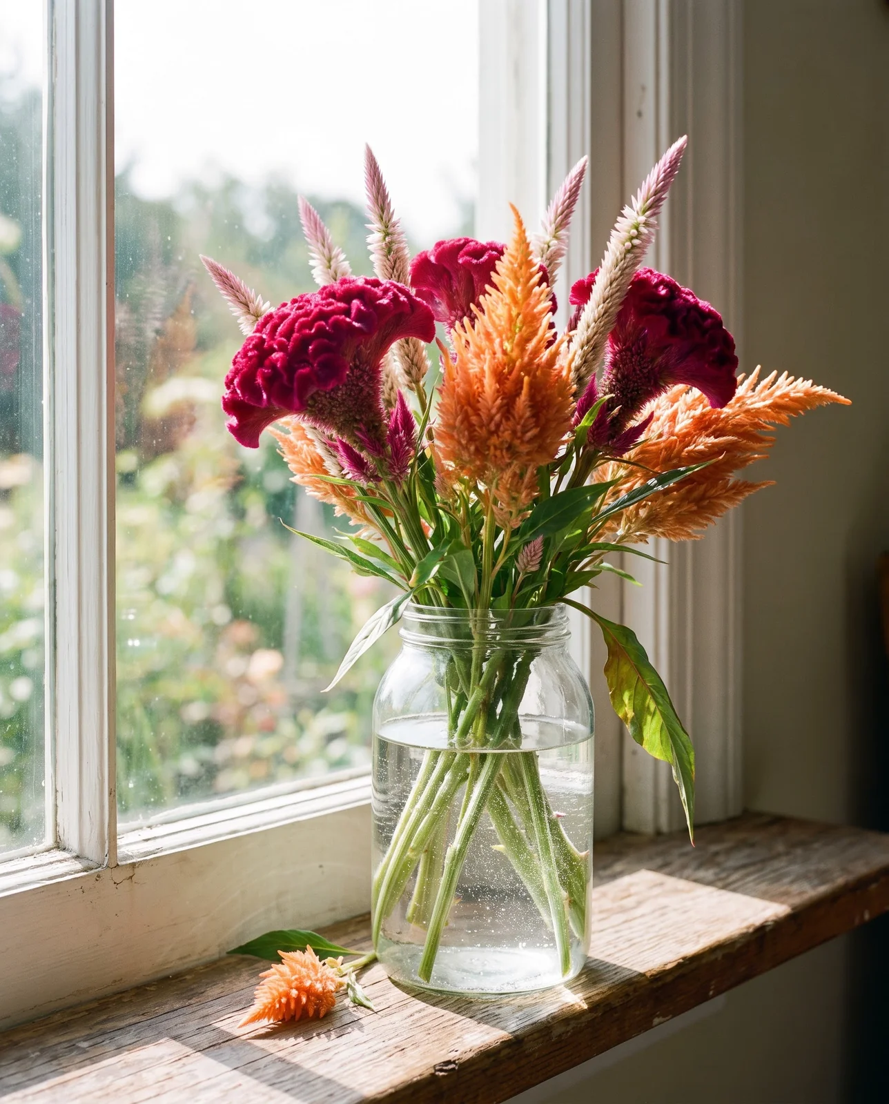 Fresh bouquet of three celosia types in a glass jar