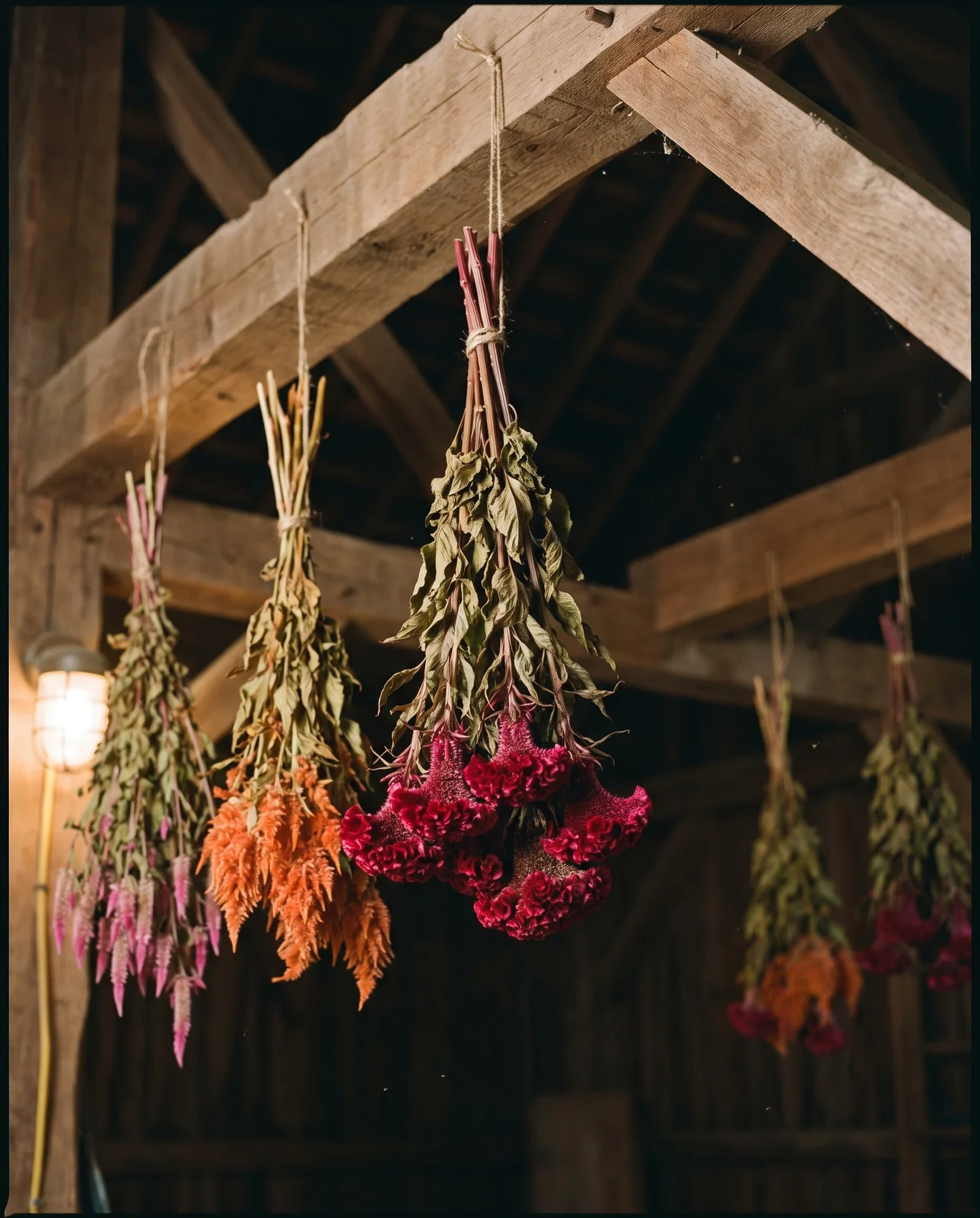 Bundles of celosia stems hanging upside down to dry