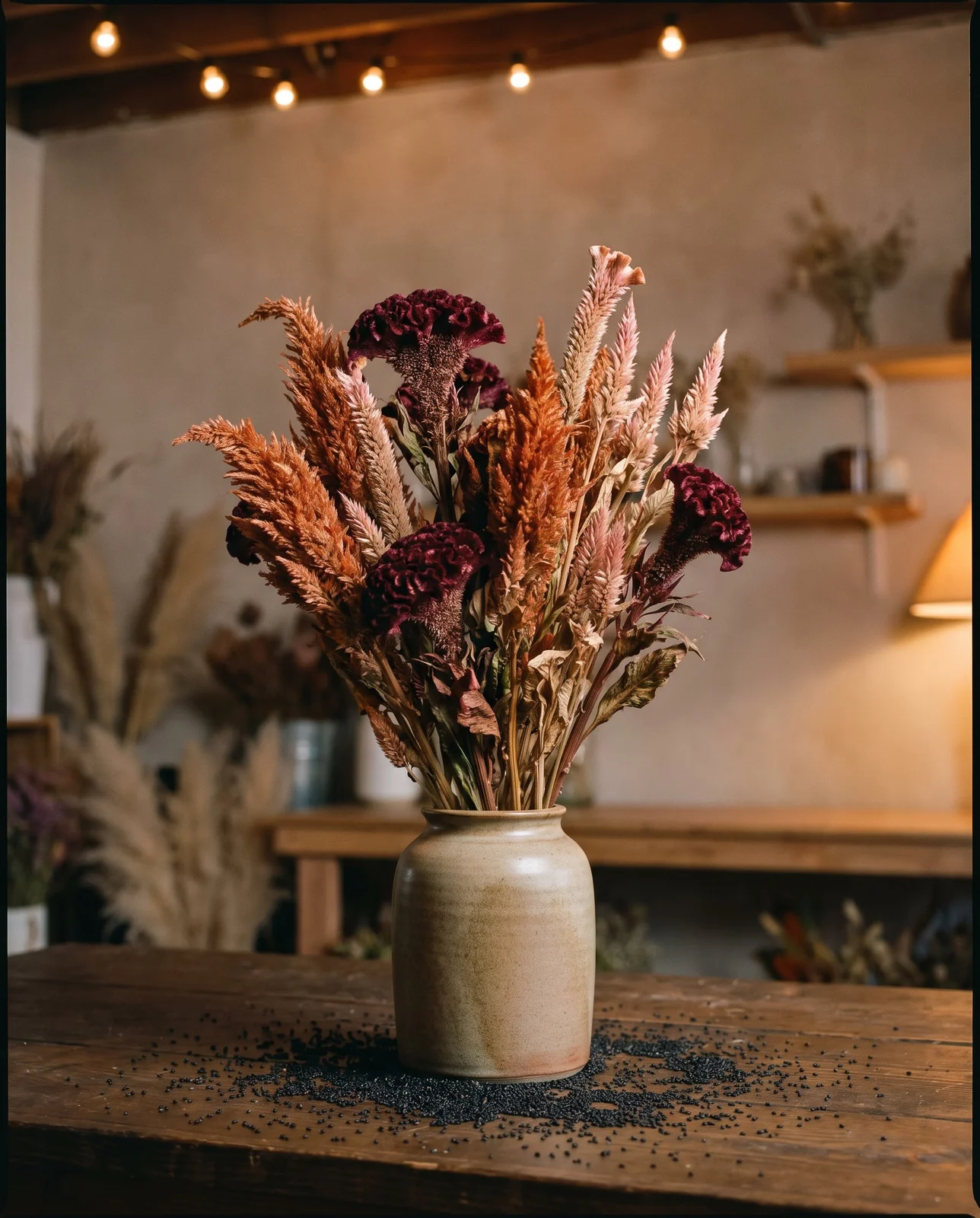 Dried celosia floral arrangement in a ceramic vase