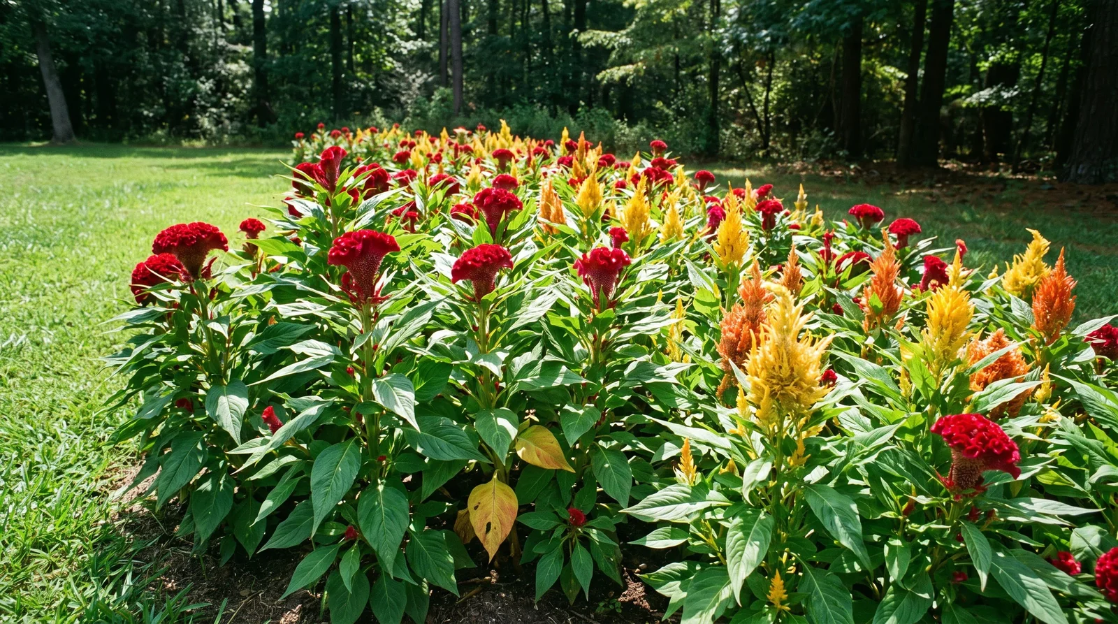 Dense, healthy celosia bed along a lawn and woodland edge