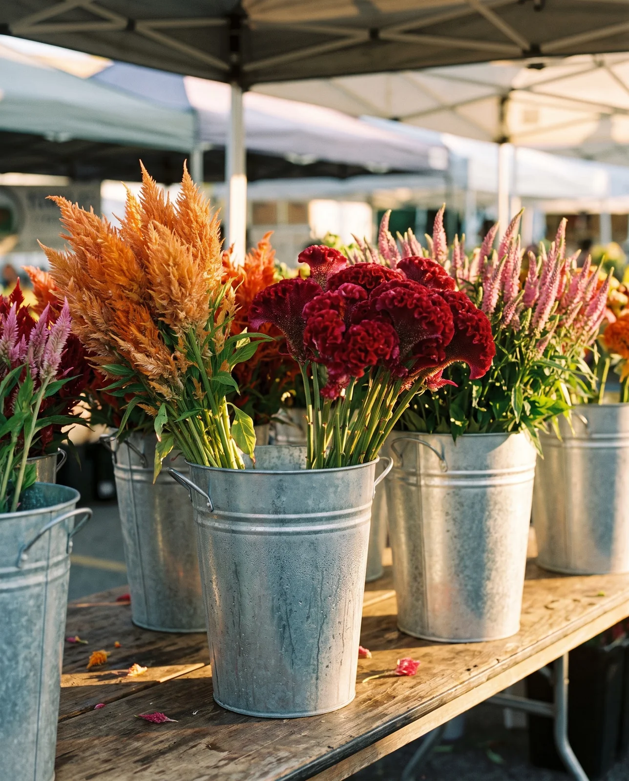 Galvanized buckets filled with cut celosia at a market stall