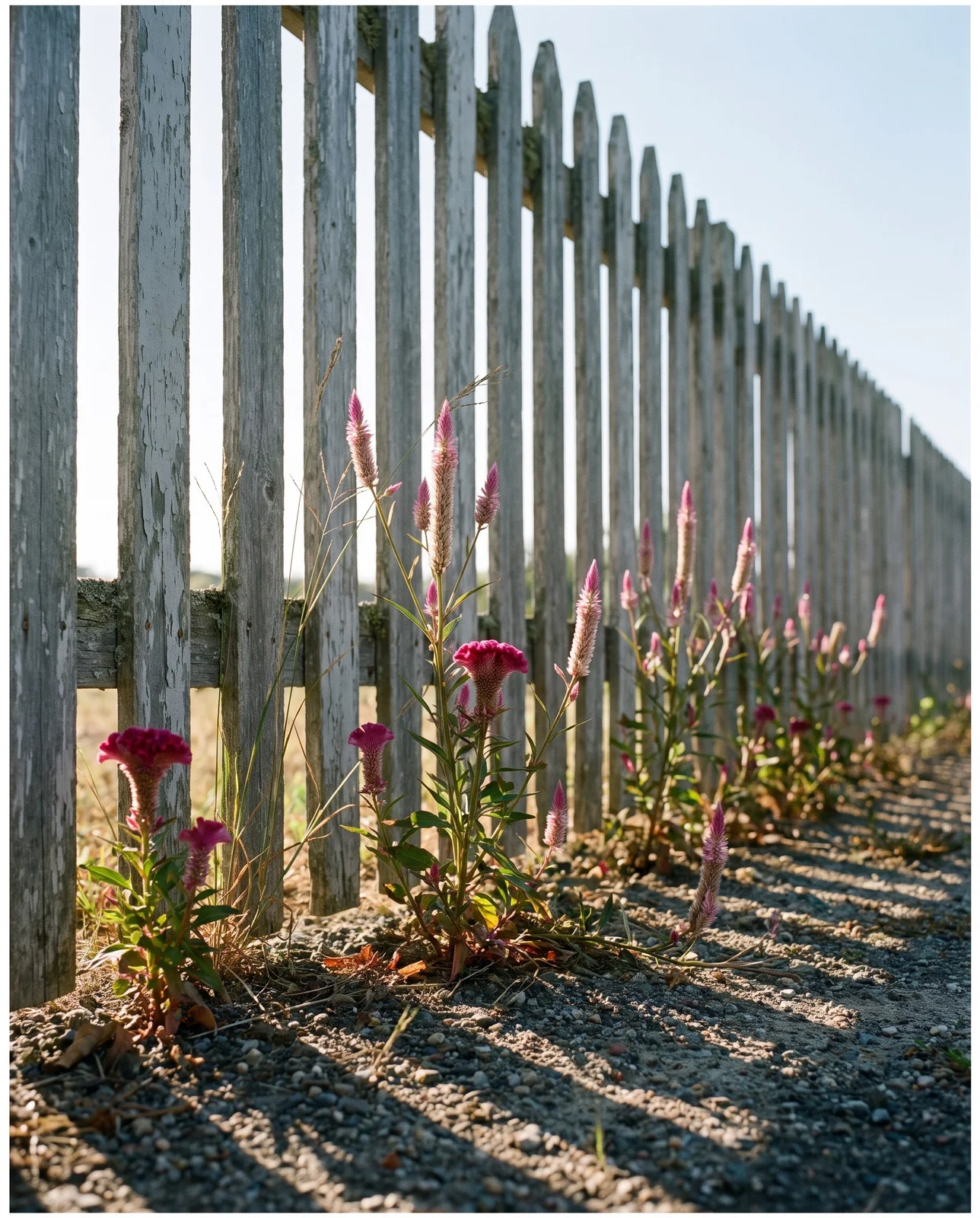Self-seeded volunteer celosia plants growing along a cedar fence