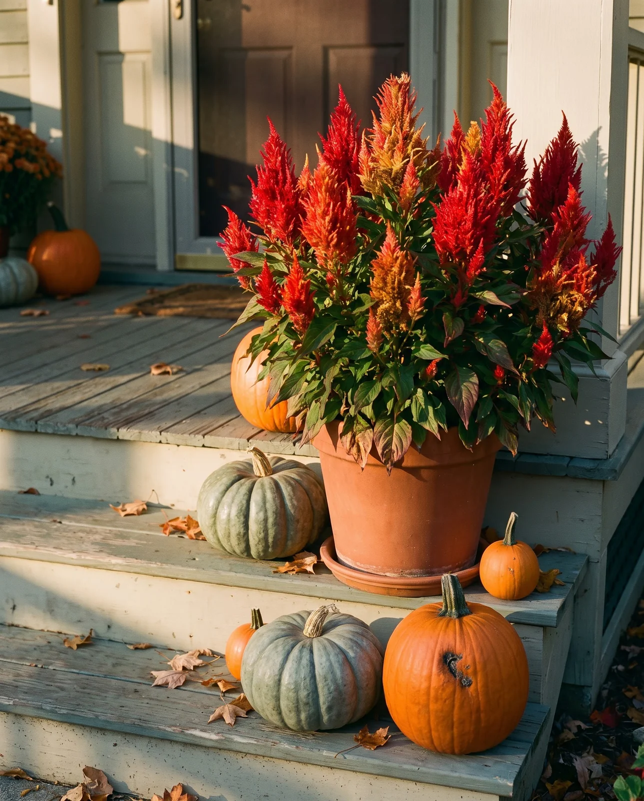 Potted plumosa celosia displayed with pumpkins on porch steps