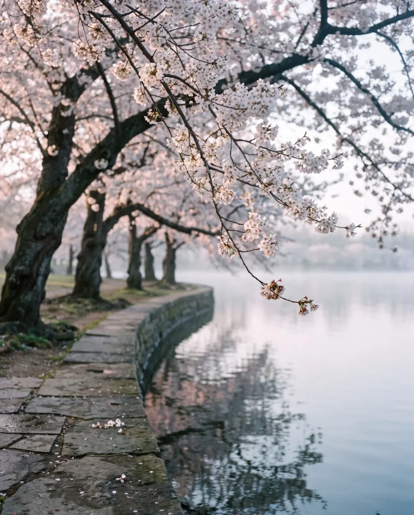 Yoshino cherry trees in full bloom leaning over a still city basin at misty dawn