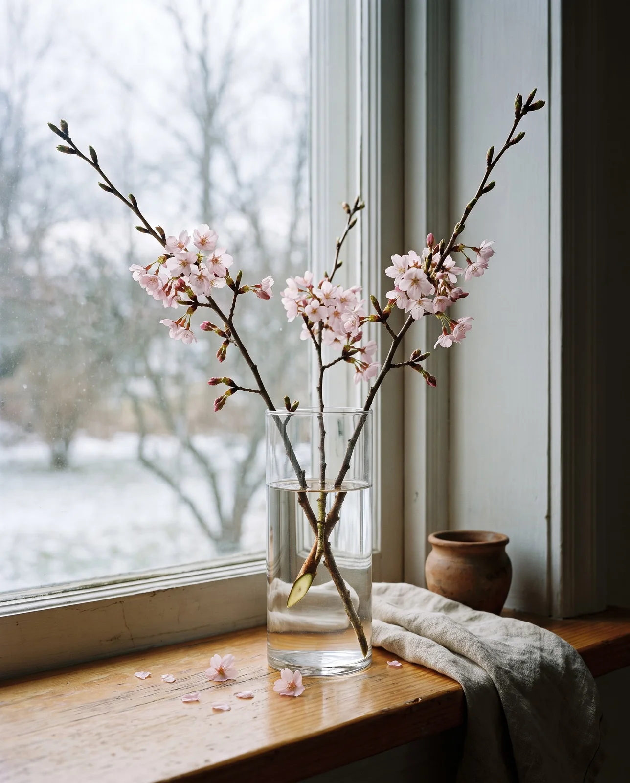 Cut cherry branches opening pale pink flowers in a tall glass vase on a windowsill in late winter light