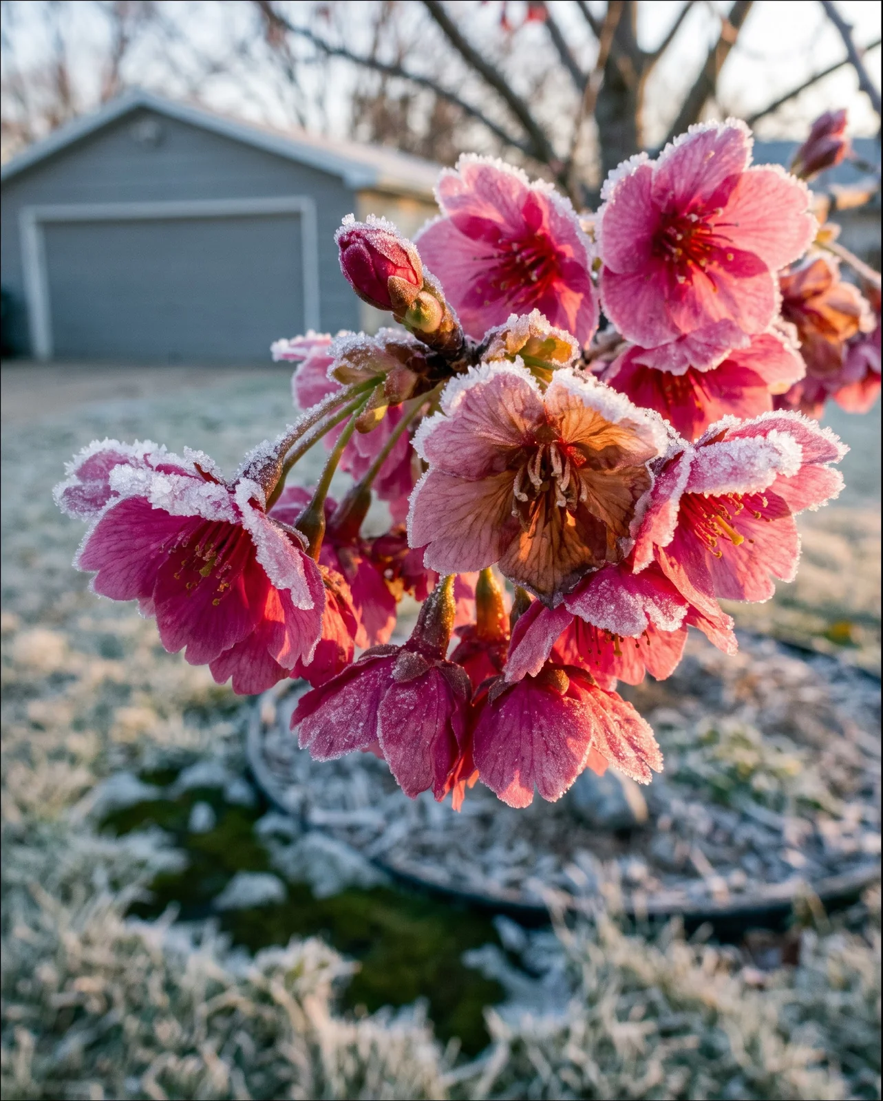 Cherry blossoms rimmed with frost at sunrise in a cold northern yard with white grass