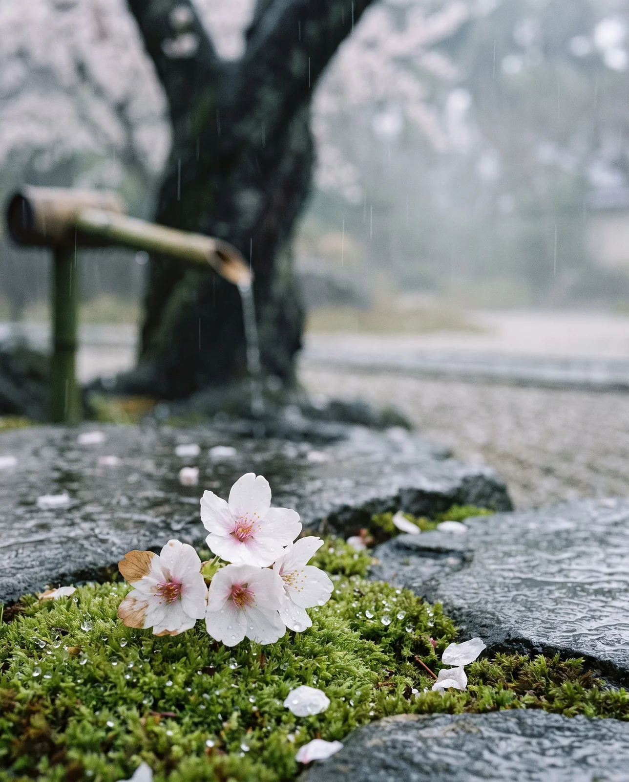 A fallen cherry blossom cluster resting on moss and wet stone in a quiet garden in soft rain