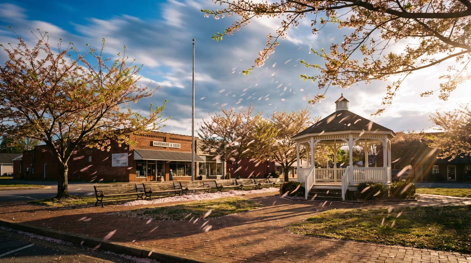 Cherry petals blowing from half-bare branches across a small-town square on a windy spring afternoon