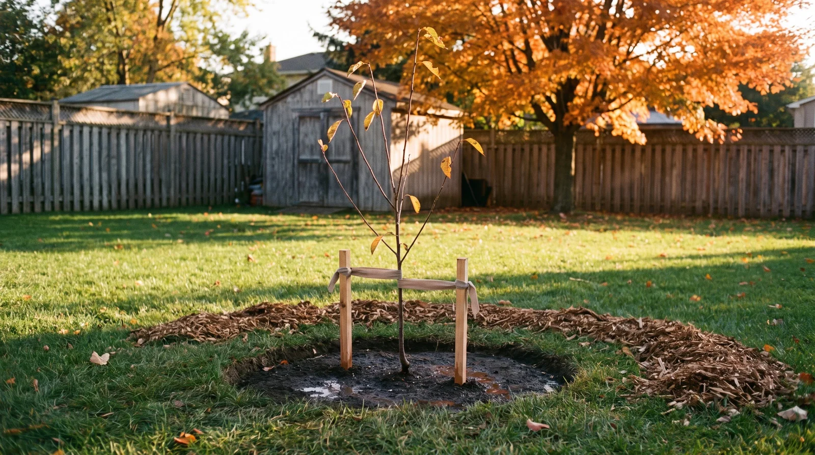 A newly planted young cherry tree with a mulch ring and two stakes in a lawn on an October afternoon