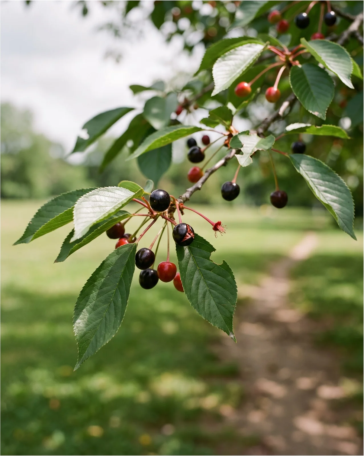 Small dark inedible fruits of an ornamental cherry among green leaves in June