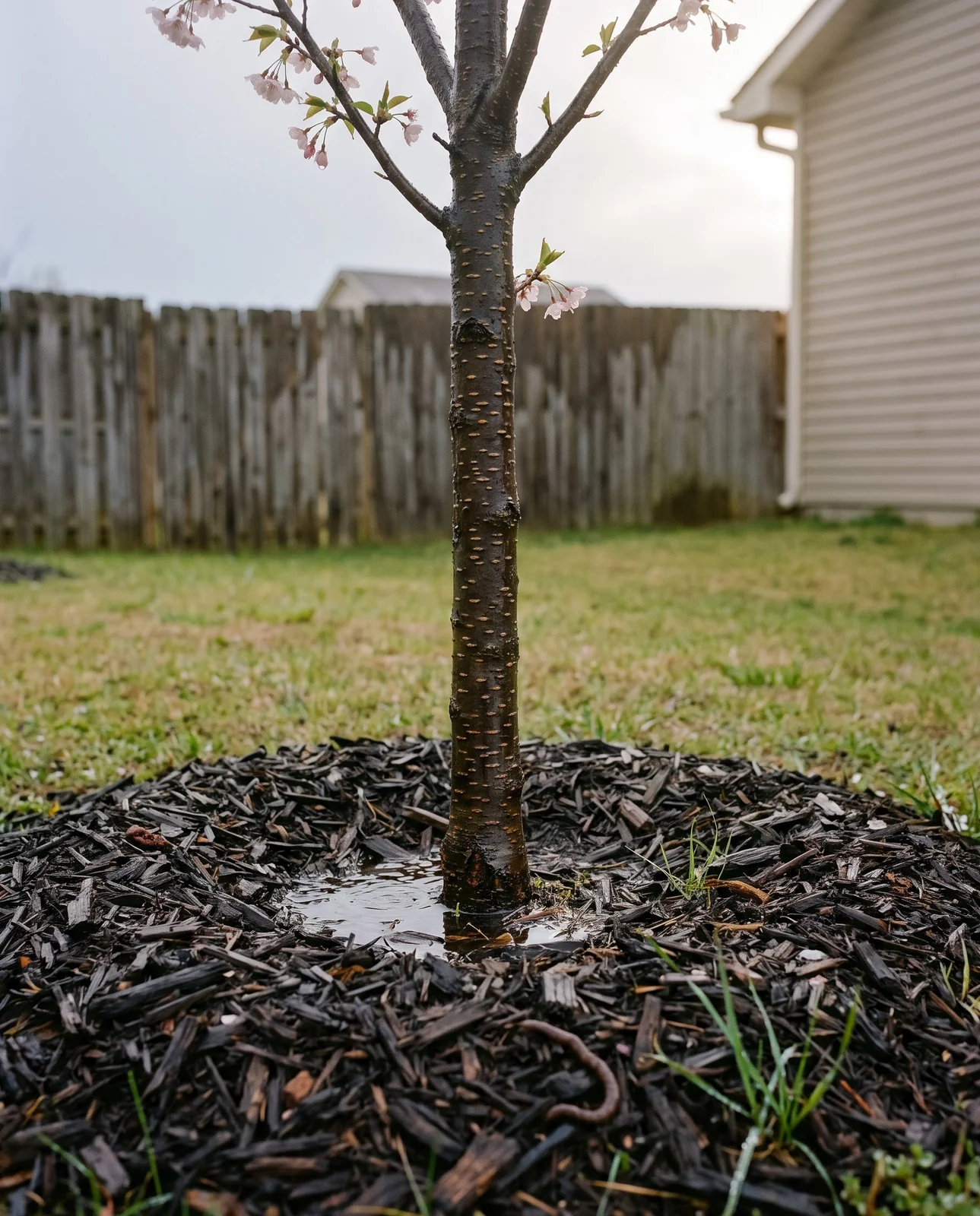 A young cherry tree in a wide mulch ring in a new lawn after rain, bark and mulch dark with water