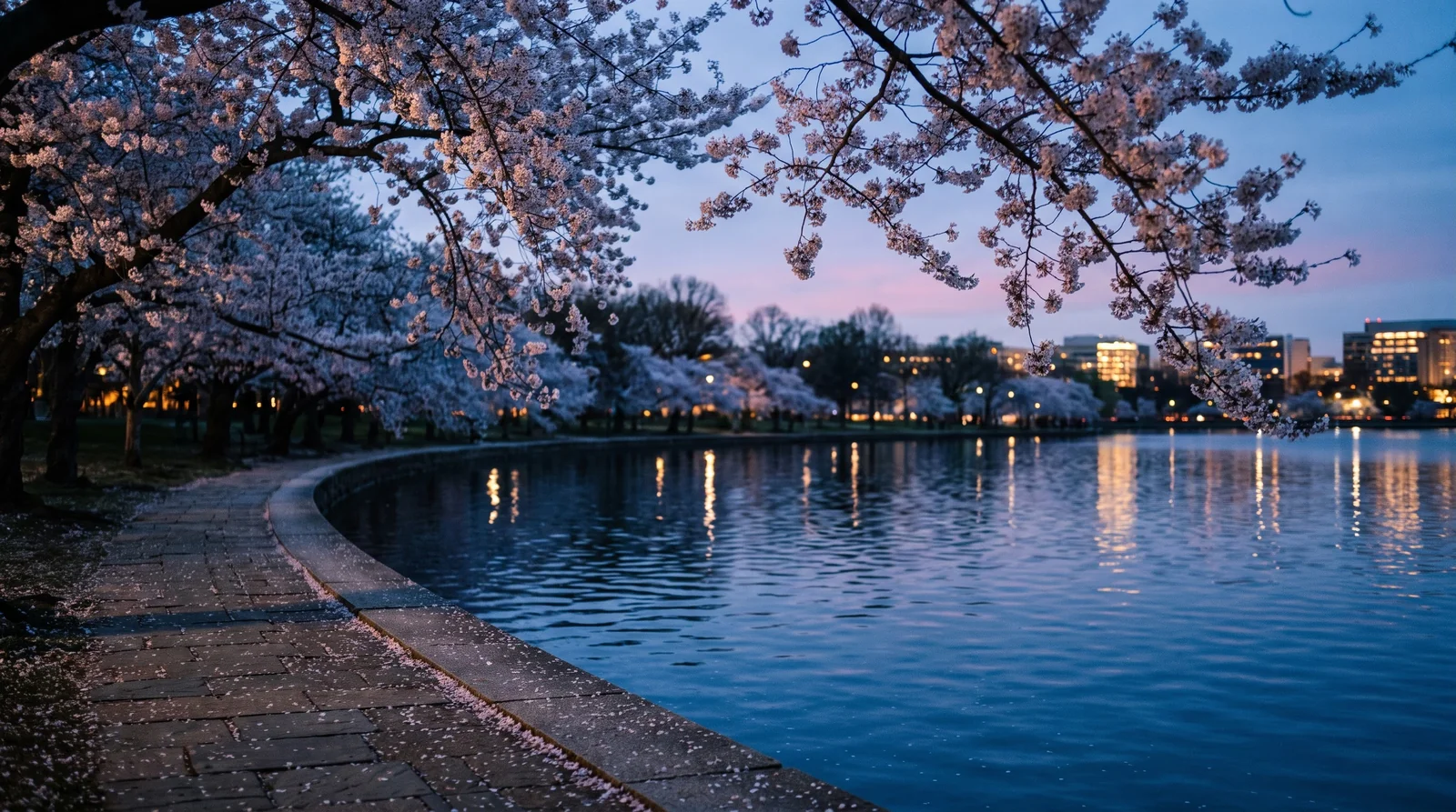 Cherry trees in bloom along a wide urban basin at blue hour with lights reflected on the water