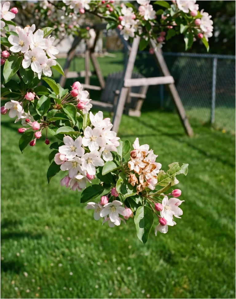 Flowering crabapple with pink buds opening white in clusters among green leaves on a suburban lawn