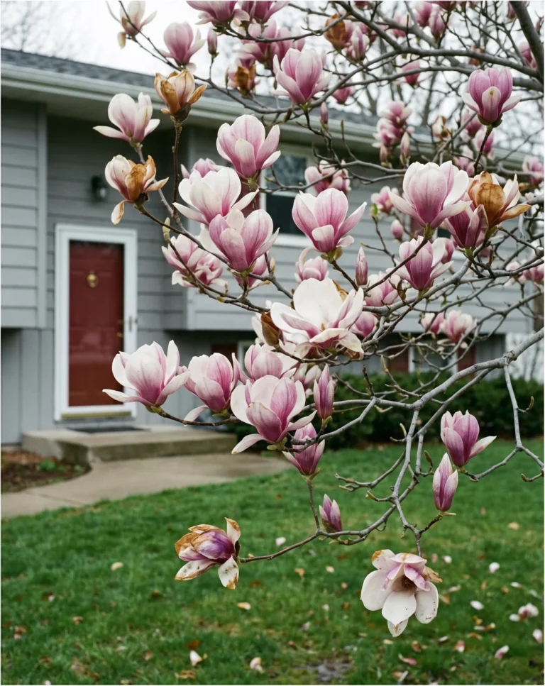 Saucer magnolia with large cup-shaped pink and white flowers on bare branches in a front yard