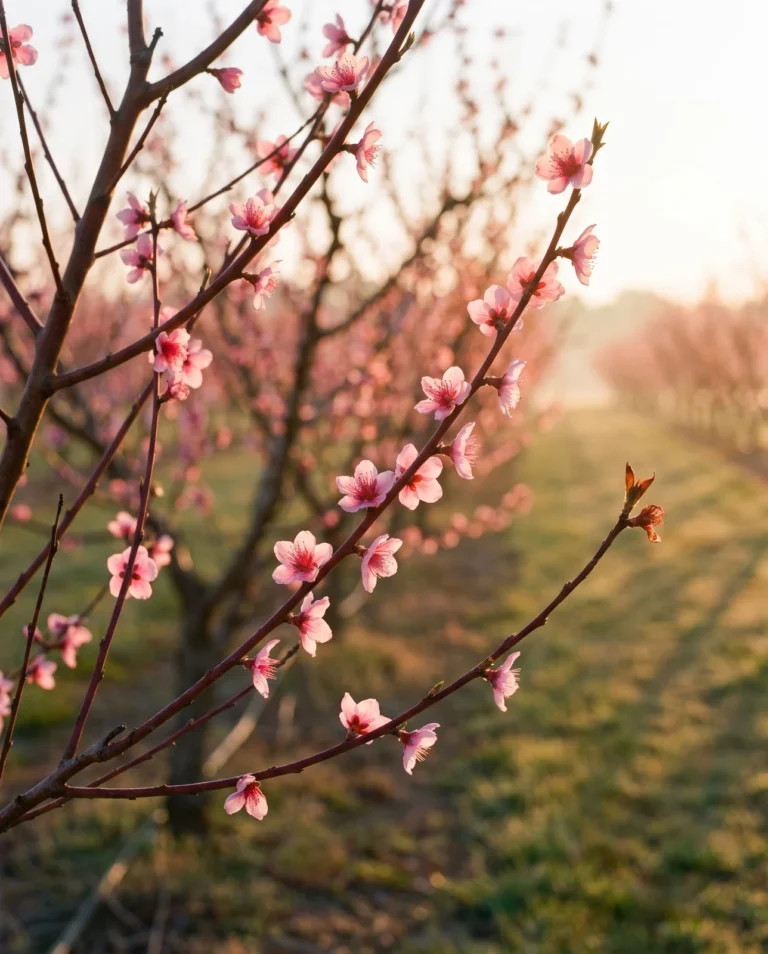 Peach blossom with pink flowers sitting directly on bare branches in an orchard row at sunrise