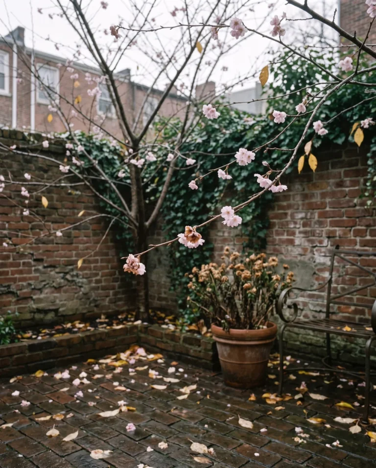 Higan cherry Autumnalis with sparse pale pink semi-double flowers on a grey November morning
