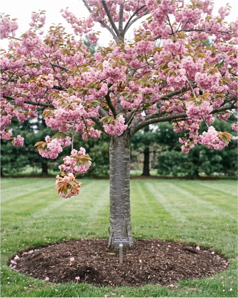 Fugenzo cherry with large double rose-pink flowers under a bright overcast sky on an arboretum lawn