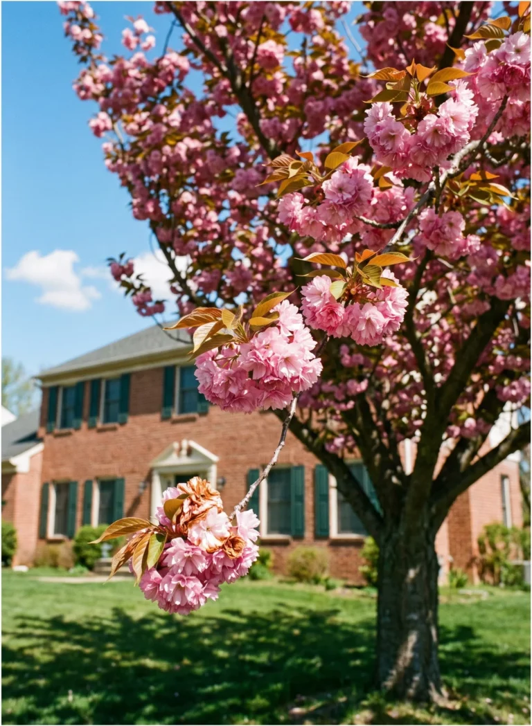 Kwanzan cherry with dense double deep pink flowers and bronze new leaves in a vase-shaped crown