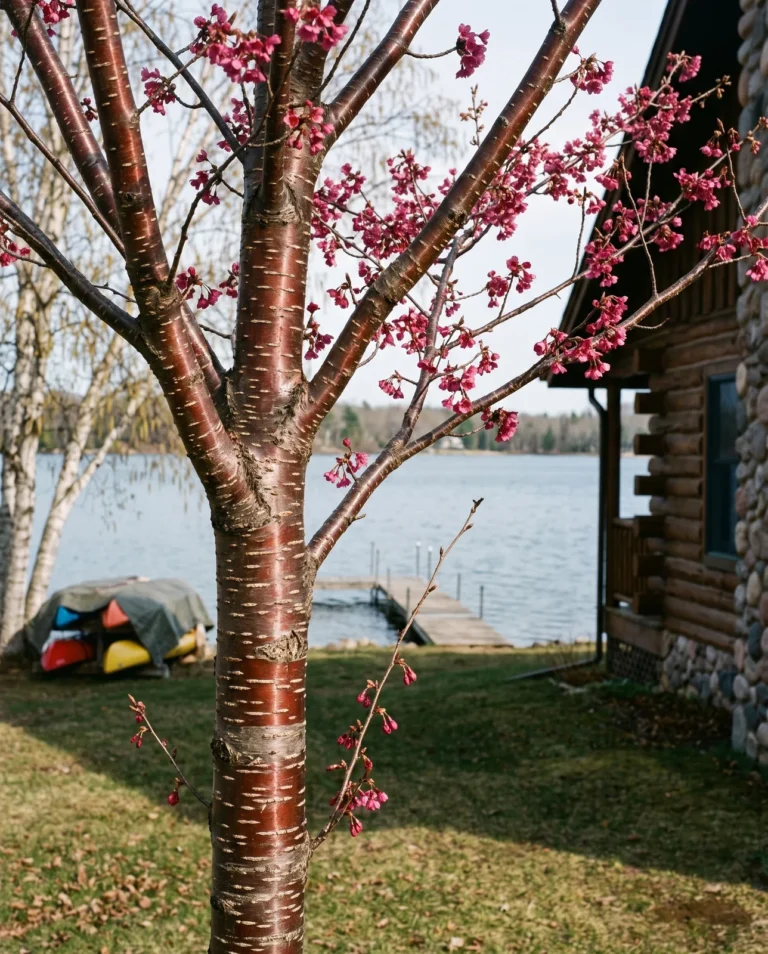 Sargent cherry with deep pink single flowers and glossy mahogany bark at a northern lake cottage in April