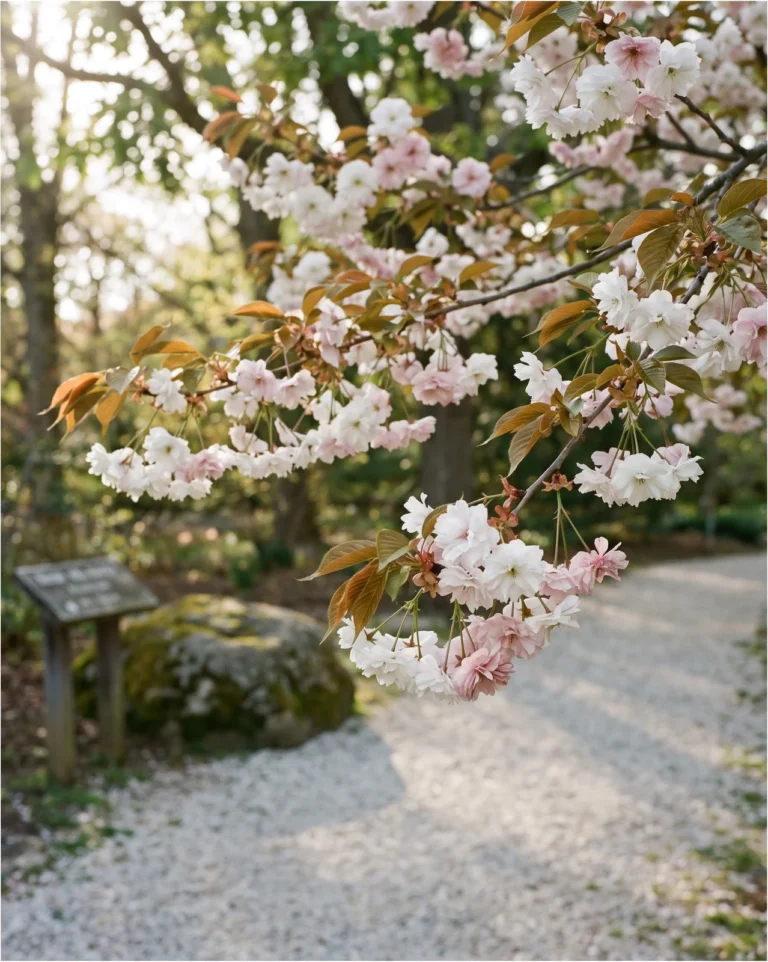 Shirofugen cherry with double white flowers aging pink beside bronze leaves on a shaded garden path