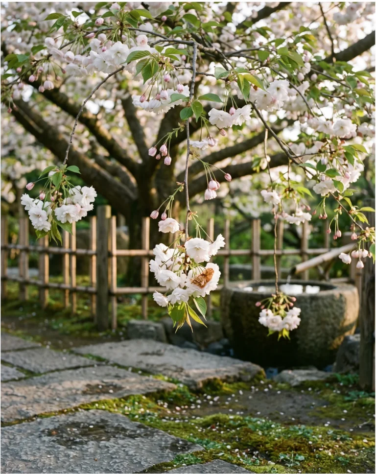Shogetsu cherry with long-stalked double white-pink flowers hanging over a stone path in afternoon light