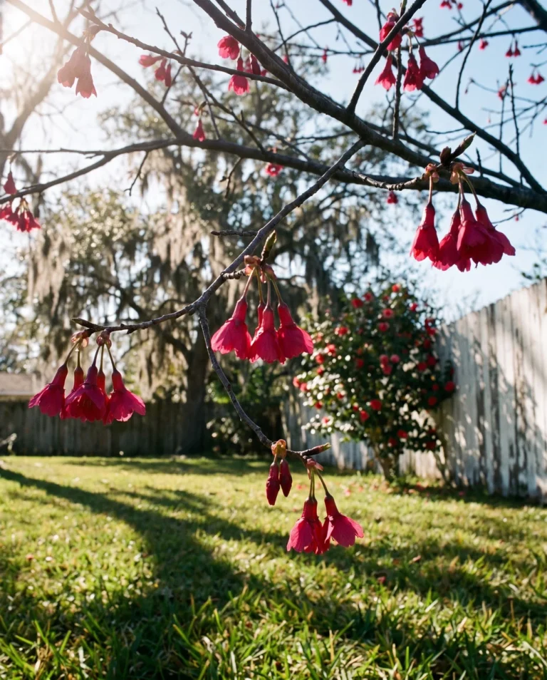 Taiwan cherry with hanging bell-shaped deep crimson-pink flowers in a Gulf Coast yard in February