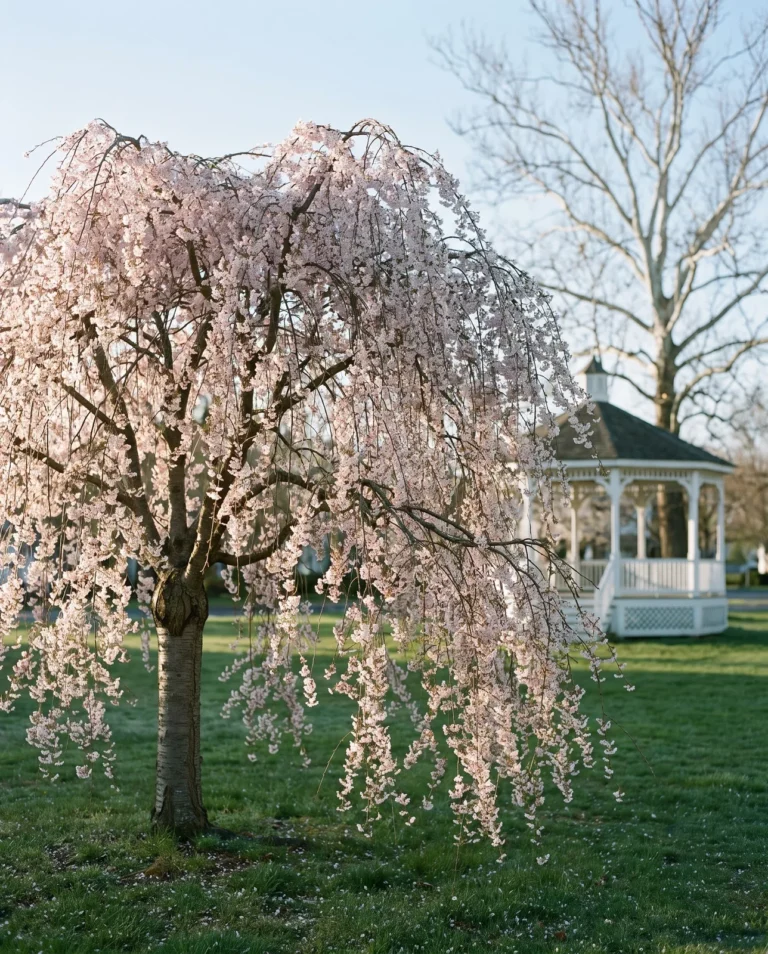 Weeping Higan cherry with cascading branches of pale pink flowers on a village green in morning sidelight