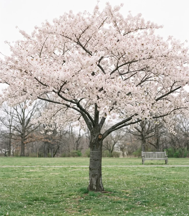 Yoshino cherry tree portrait with a broad spreading crown of white-pink single flowers in a park meadow