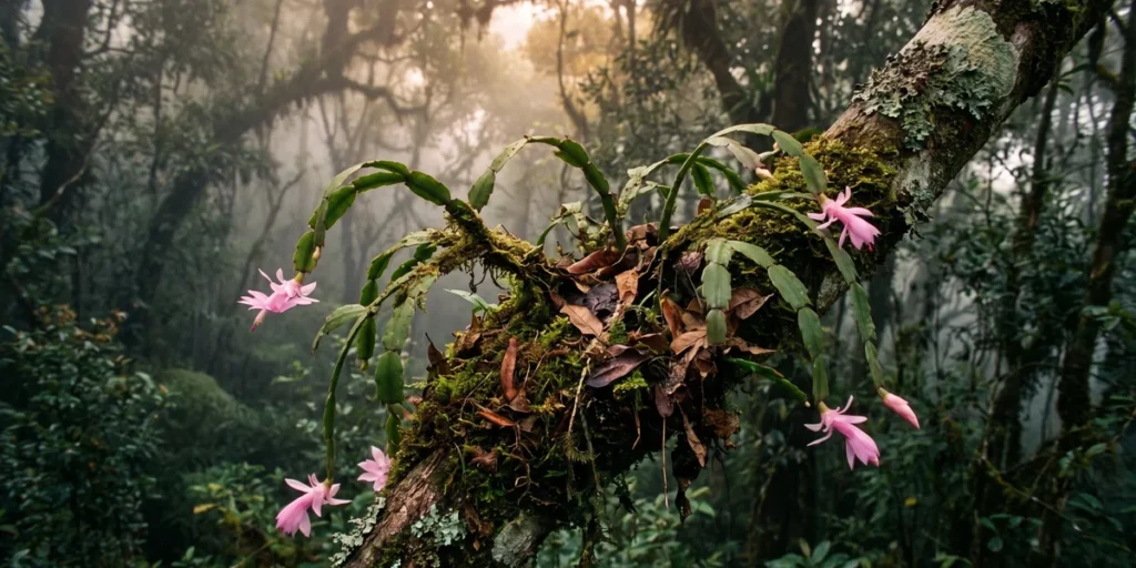 Wild Schlumbergera growing as an epiphyte on a moss-covered branch in a misty mountain forest