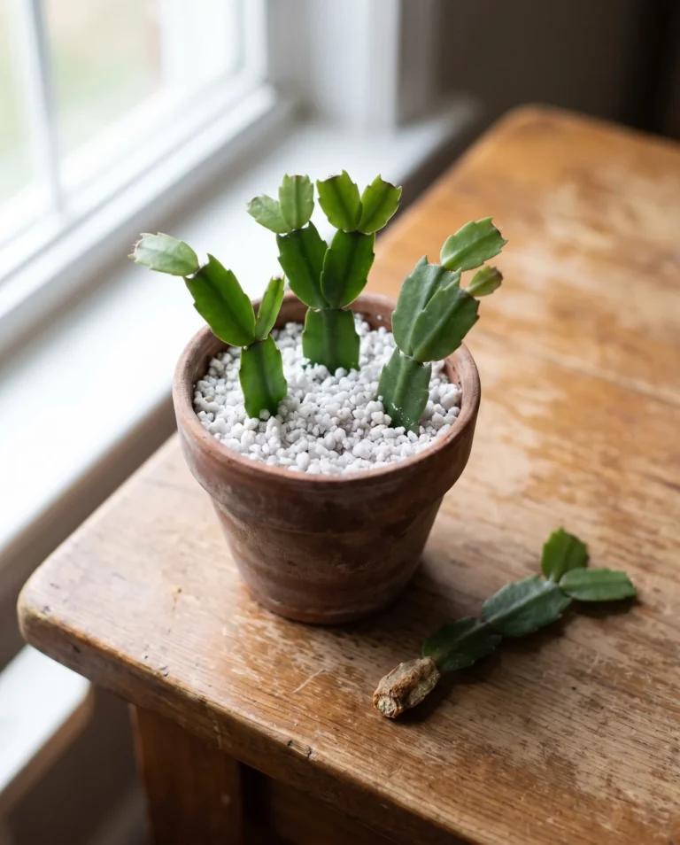 Short Christmas cactus segment cuttings rooting in a small pot of perlite