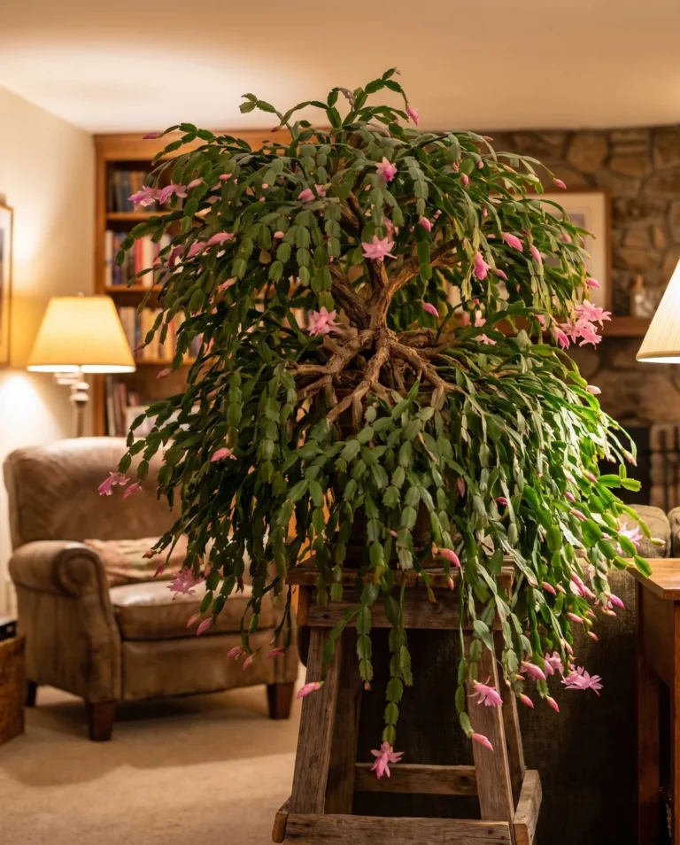 Very large old Christmas cactus in full bloom on a wooden stand in a family living room