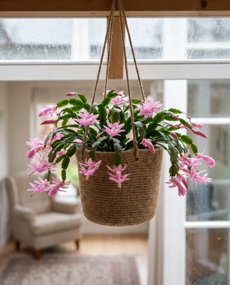 Blooming Christmas cactus in a hanging basket high in a bright window, out of reach