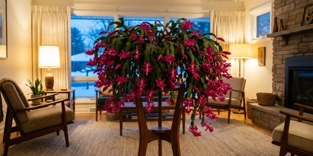 Christmas cactus at peak bloom on a plant stand in a softly lit winter room